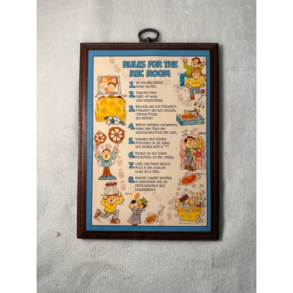 Vintage 1977 Hallmark Rules For The Rec Room Wood Plaque Wall Decor Humorous 70s